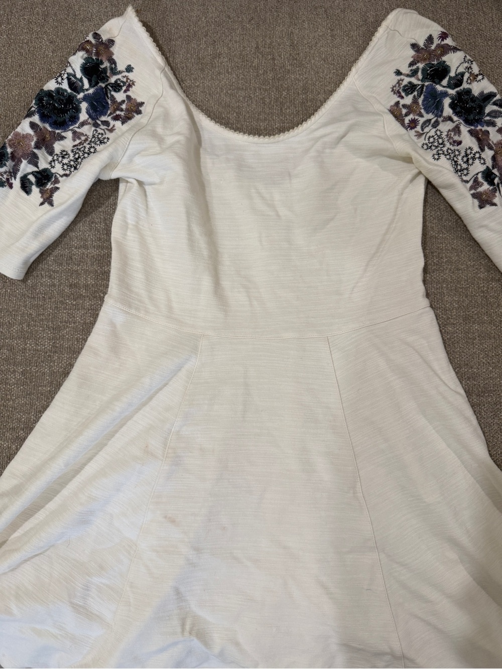 White Scoop Neck Dress with Floral Embroidered Sleeves